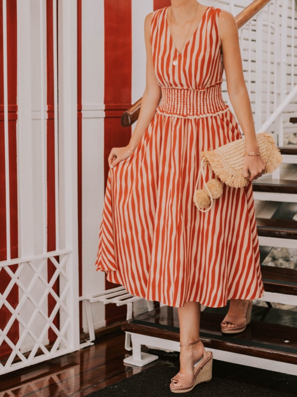 LK Bennett Ambery Sleeveless Midi Dress Silk Poppy Red Stripe 12